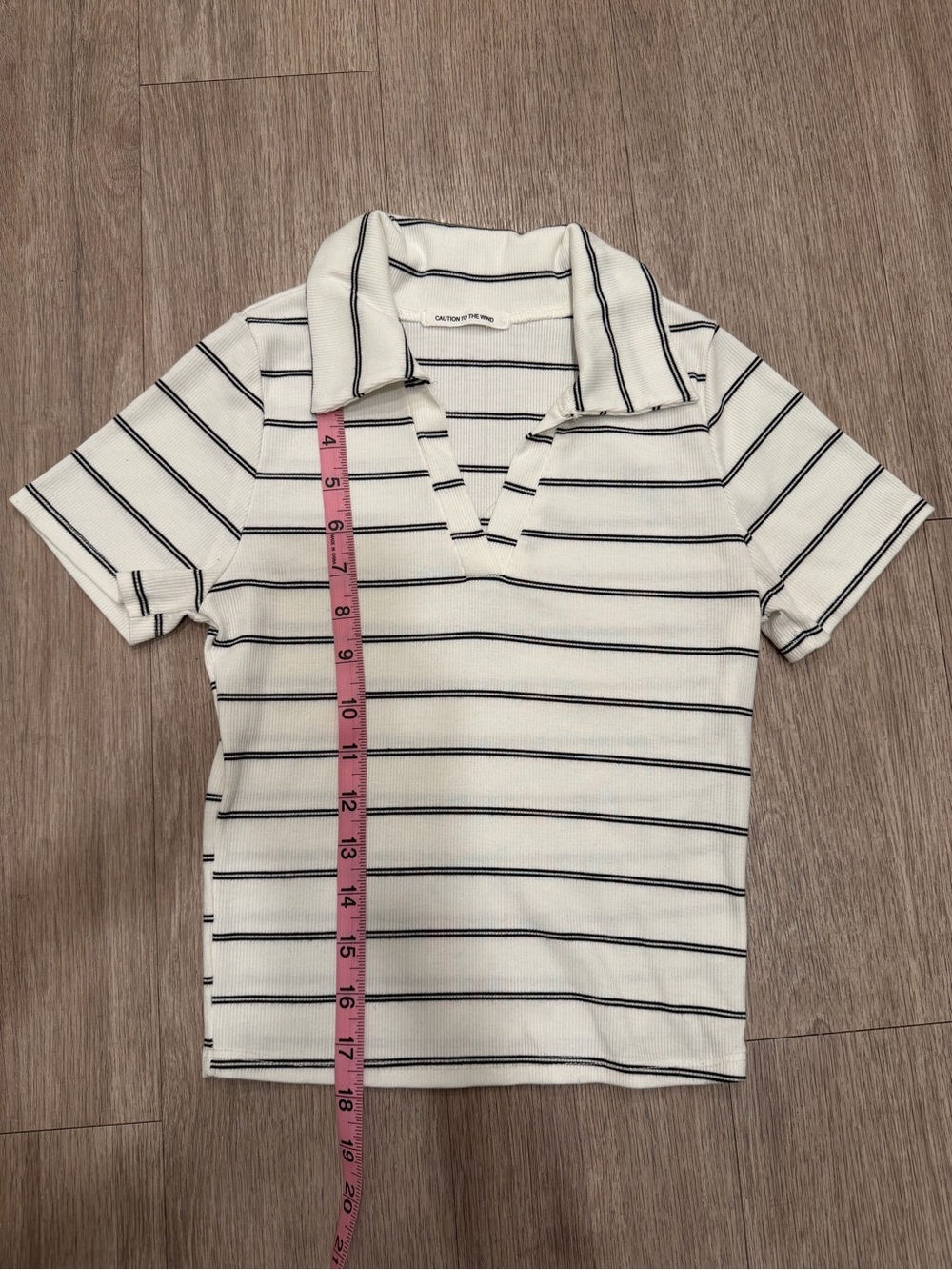 Woman White Polo Tee with Black Stripes - Classic Collared Top